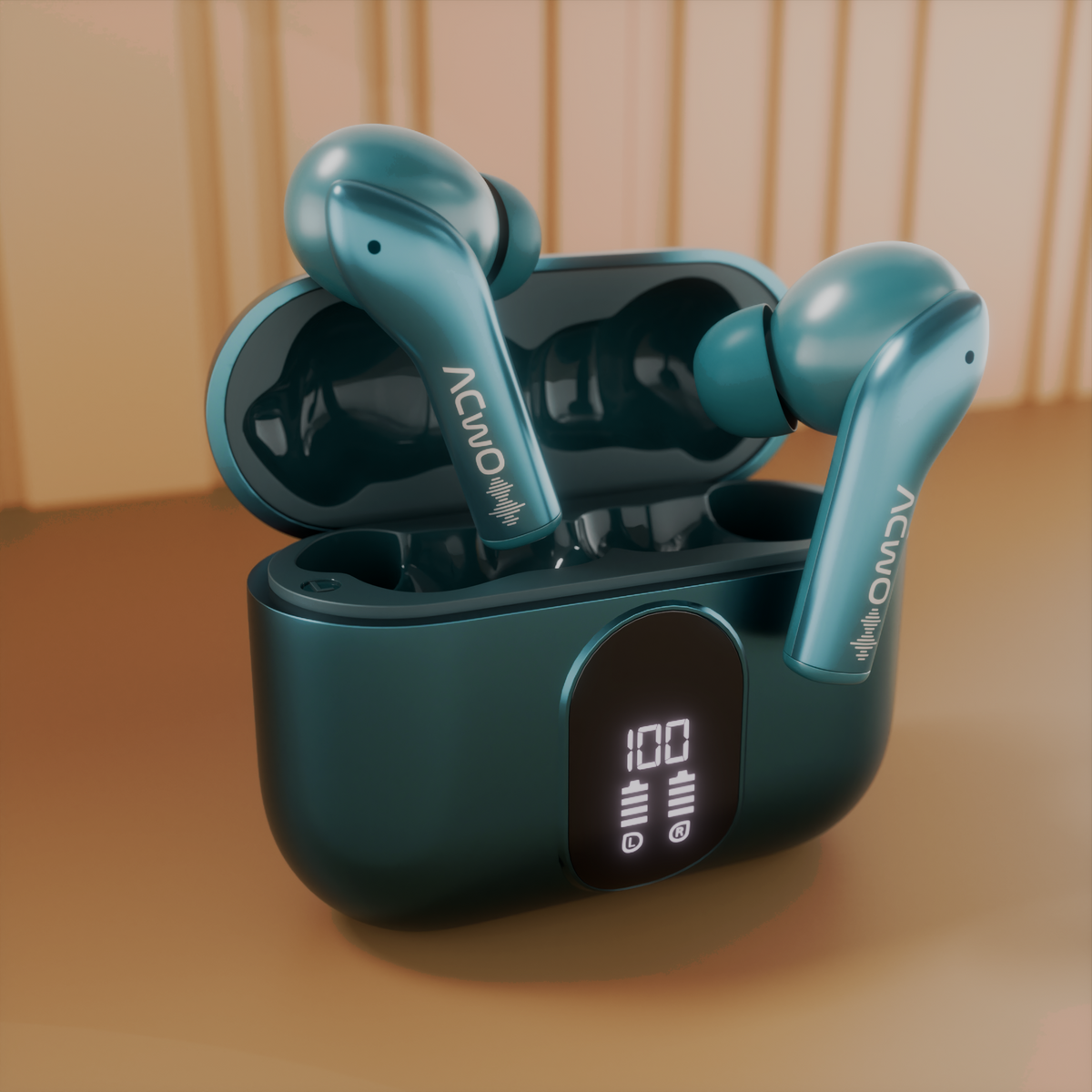 True wireless earbuds in a charging case with front digital display