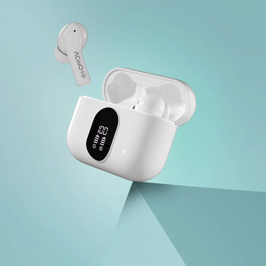 True wireless earbuds in a charging case with front digital display