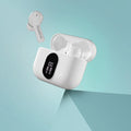 True wireless earbuds in a charging case with front digital display