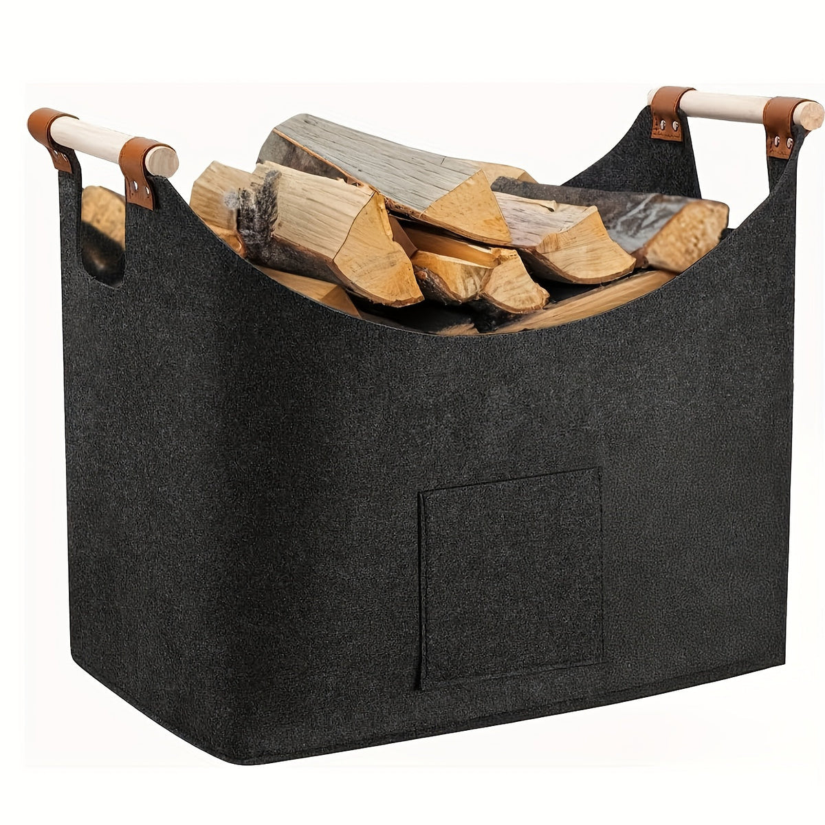 Black felt firewood basket with wooden handles and front pocket