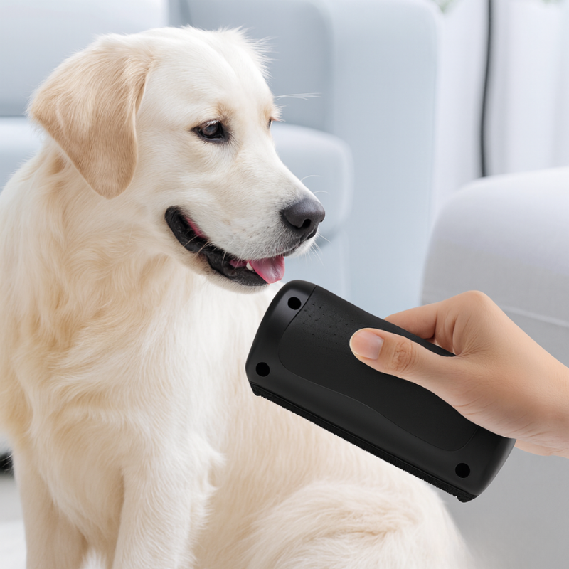 Black handheld dog grooming brush used on a dog's coat