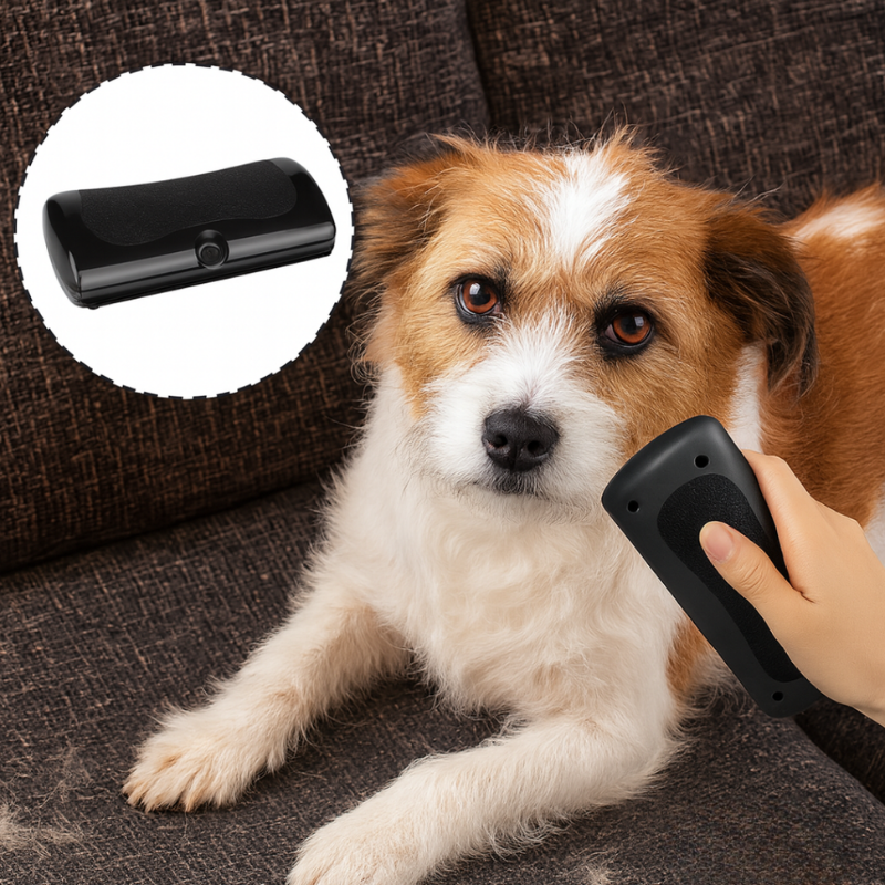 Black handheld dog grooming brush used on a dog's coat
