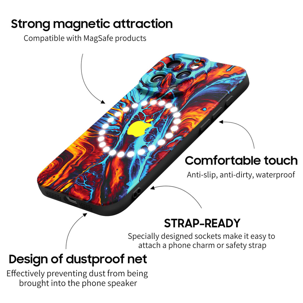 Purple abstract marbled silicone iPhone case with camera and side button cutouts