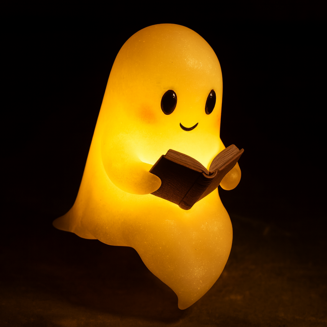 Warm glowing ghost-shaped night light holding an open book