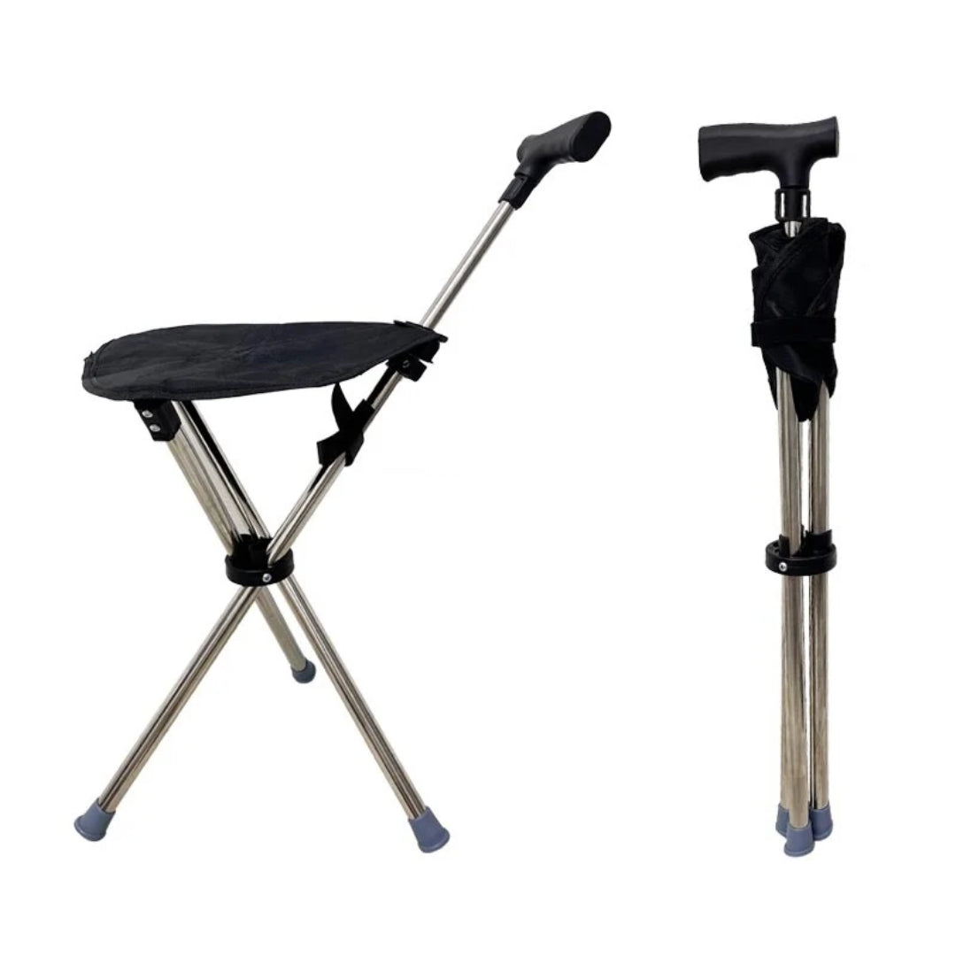 Folding walking cane with built-in seat and rubber feet