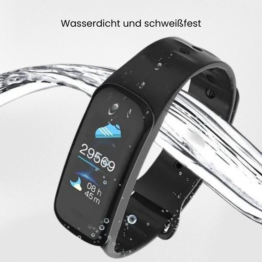 Wrist-worn health monitoring smartwatch with digital display and buckle strap