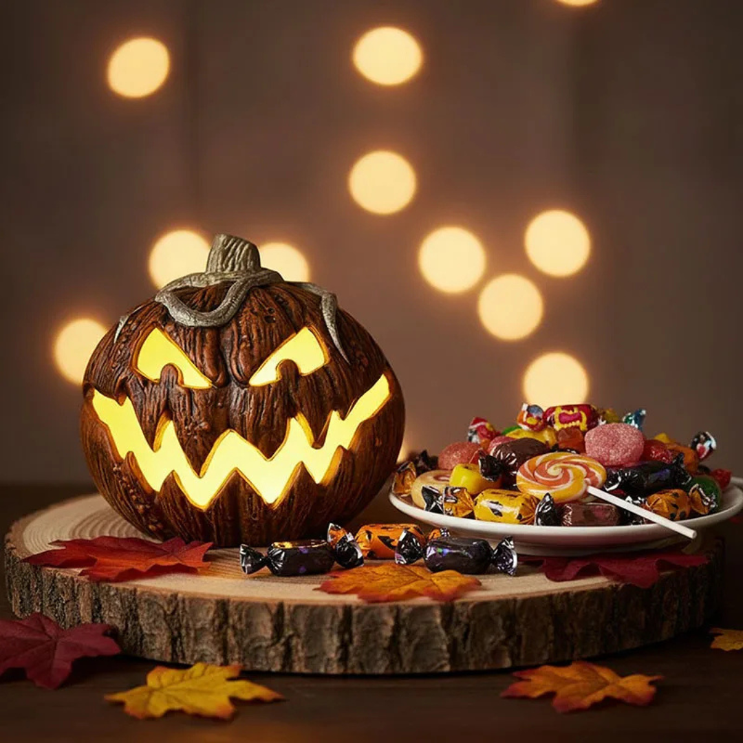 Brown carved Halloween pumpkin lantern with a glowing flame design