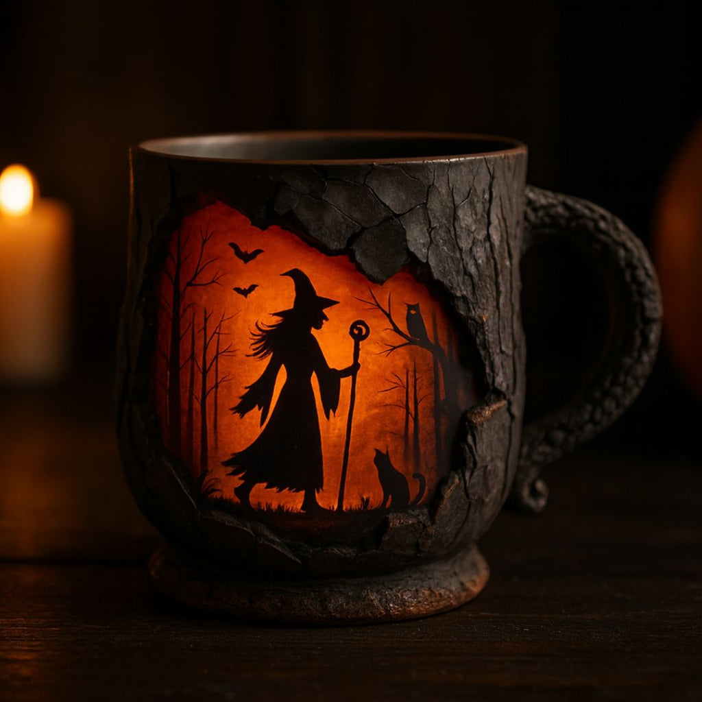Halloween mug with textured bark-effect finish and witch scene