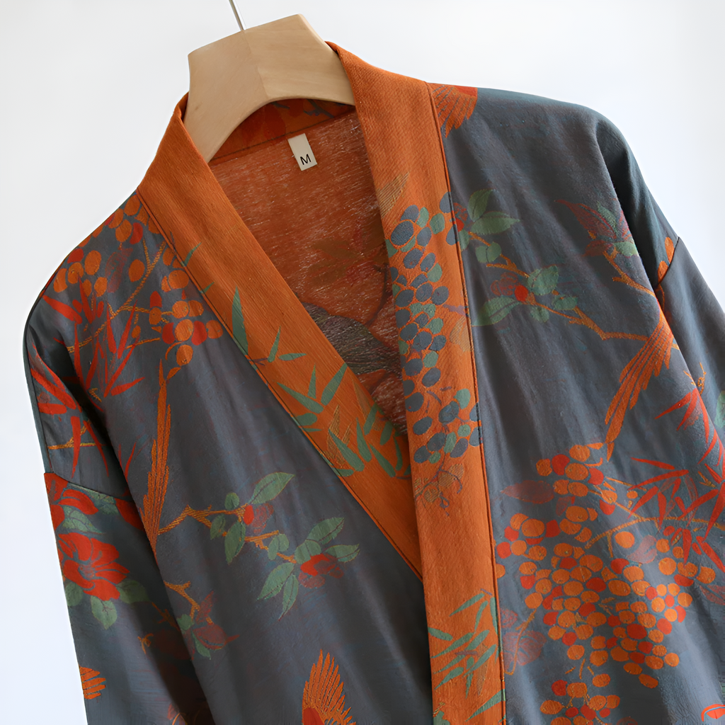 Floral wrap bathrobe with tie waist, pockets and contrast trim