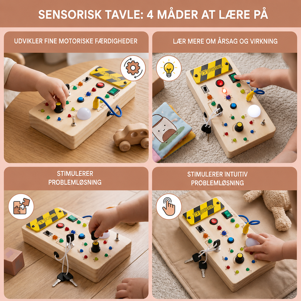 Wood-effect children's activity board with colourful lights, switches, buttons, knobs and keys