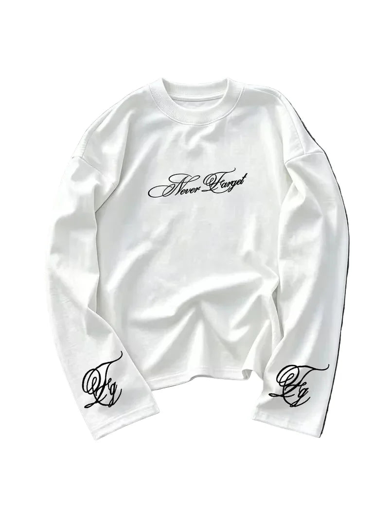 Long sleeve crew neck top with script chest and cuff prints