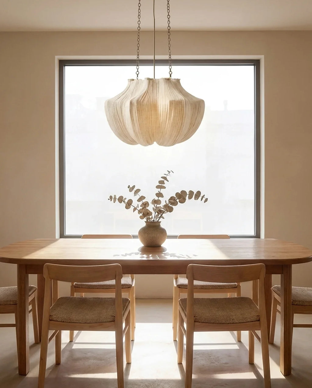 Beige ribbed pendant lamp with chain suspension