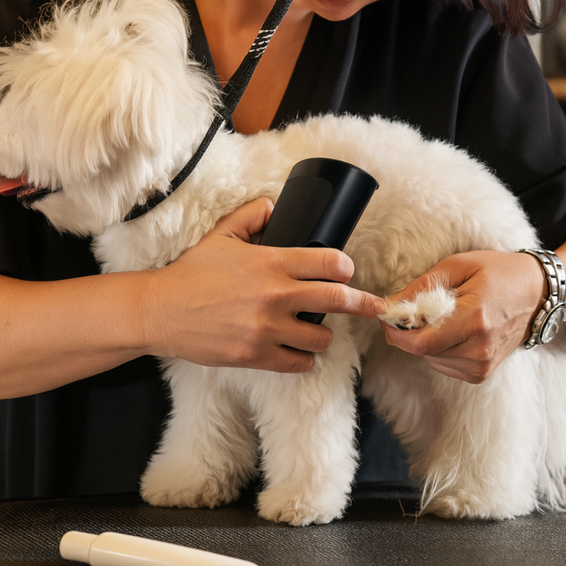Black handheld dog grooming brush used on a dog's coat