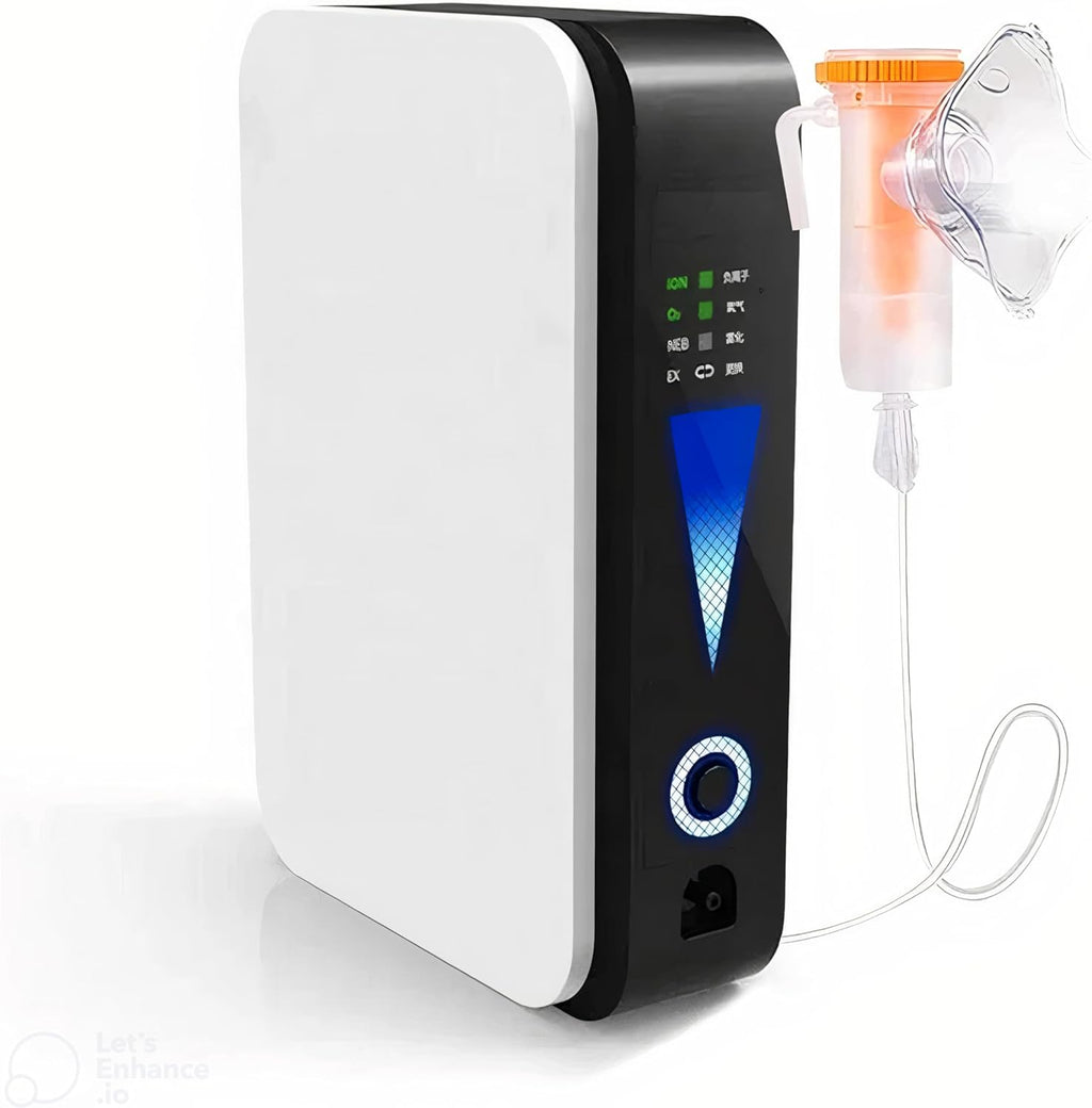 White and black portable oxygen concentrator with oxygen tube, mask and power accessories