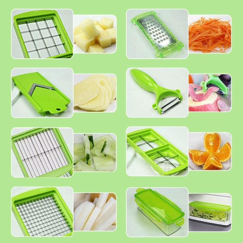 Green 12-in-1 vegetable slicer with cutting inserts and clear collection container