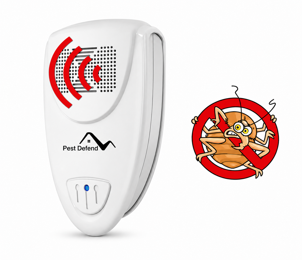 White ultrasonic bed bug repeller with speaker grille and blue indicator light