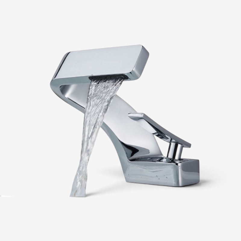 Curved bathroom basin faucet with waterfall-style spout and single lever