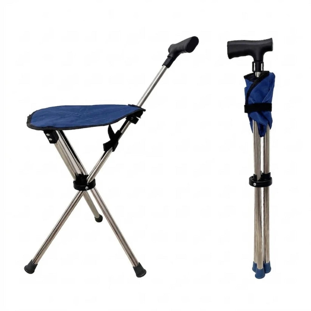 Folding walking cane with built-in seat and rubber feet