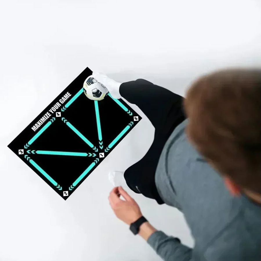Black football training mat with turquoise arrows and numbered drill positions