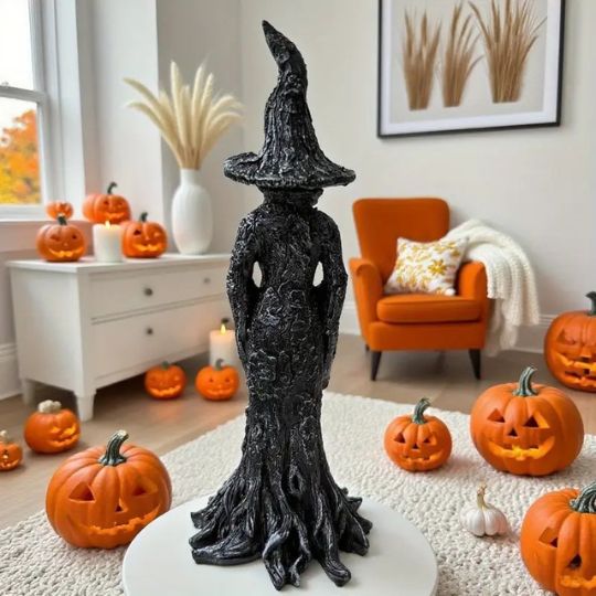 Black Halloween witch figurine with pointed hat and flowing sculpted robe
