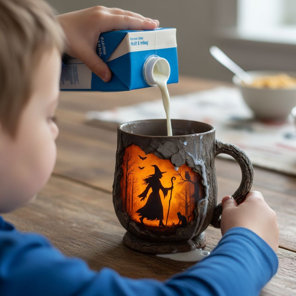 Halloween mug with textured bark-effect finish and witch scene