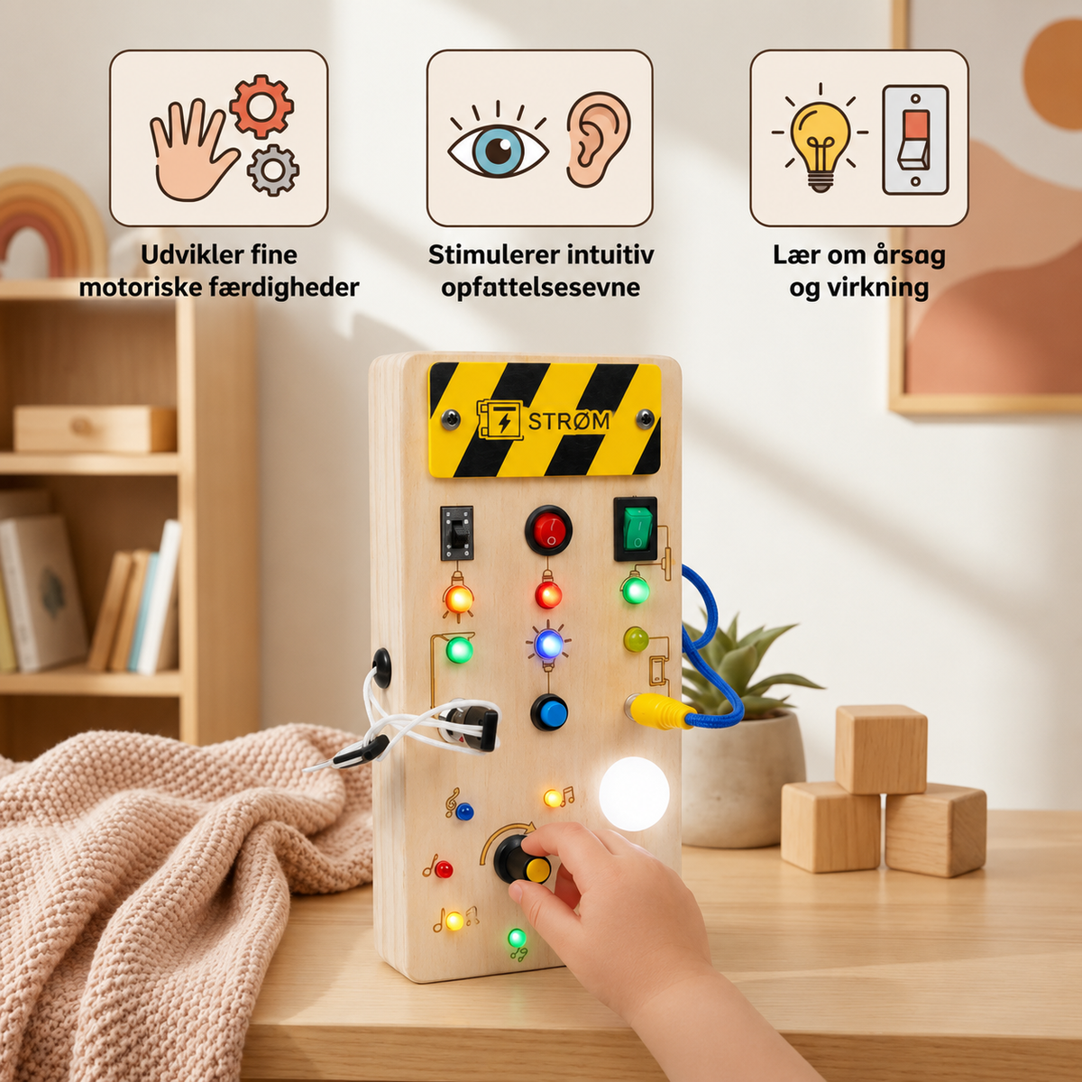 Wood-effect children's activity board with colourful lights, switches, buttons, knobs and keys