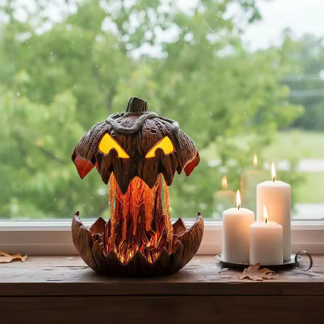 Brown carved Halloween pumpkin lantern with a glowing flame design