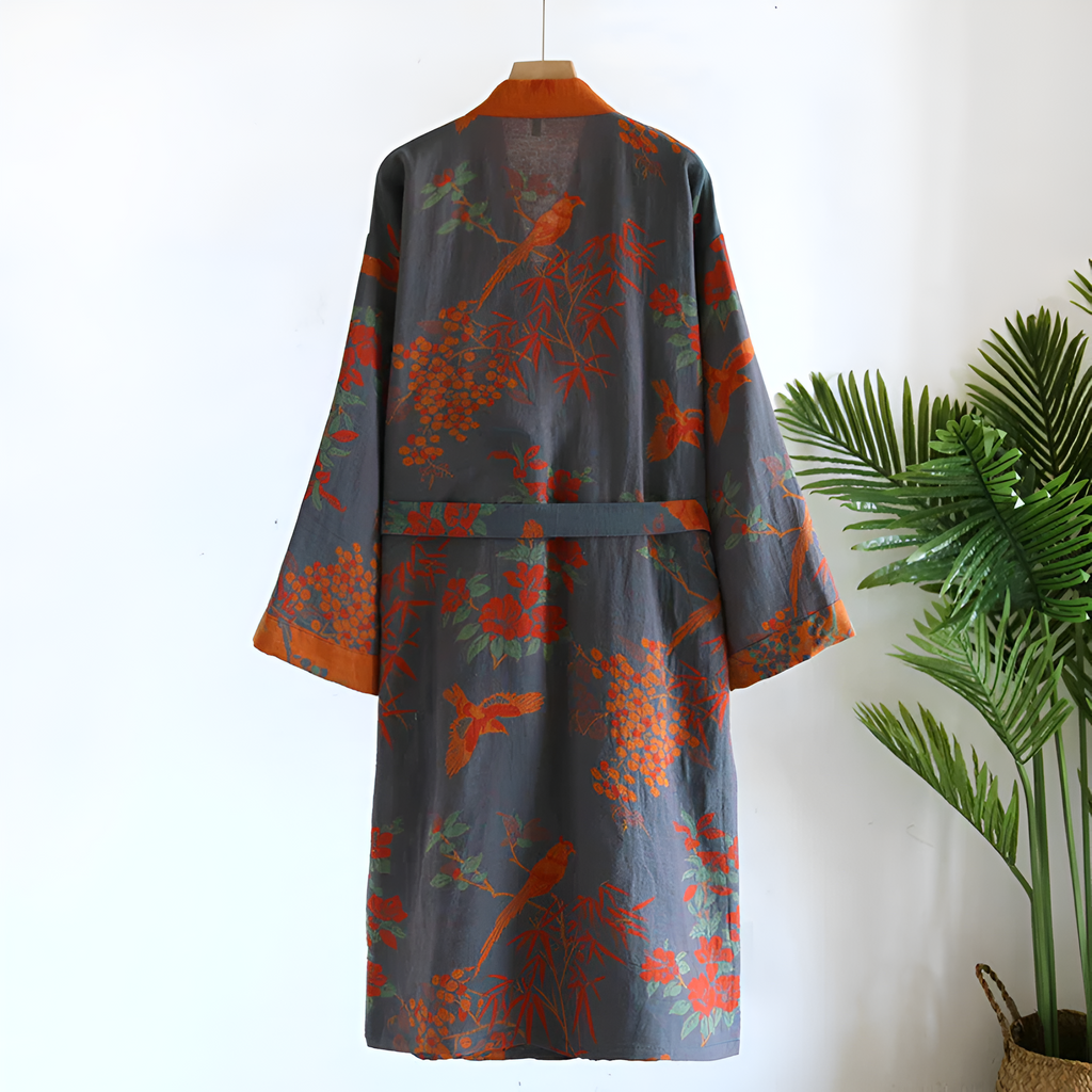 Floral wrap bathrobe with tie waist, pockets and contrast trim