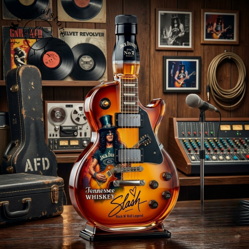 Guitar-shaped amber-toned decorative decanter with rock design and black display base