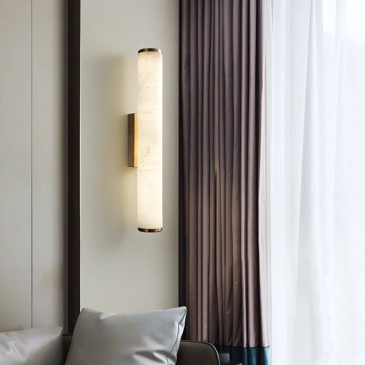 Cylindrical LED marble-patterned wall sconce with metal end caps