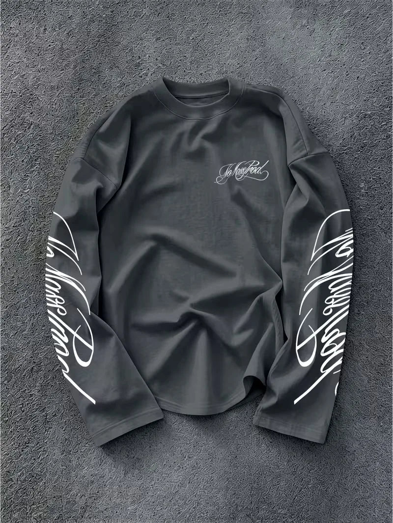 Long sleeve top with printed text on the chest and sleeves