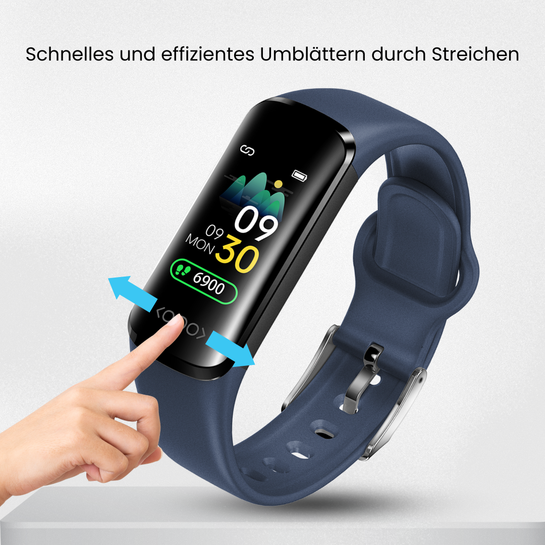 Wrist-worn health monitoring smartwatch with digital display and buckle strap