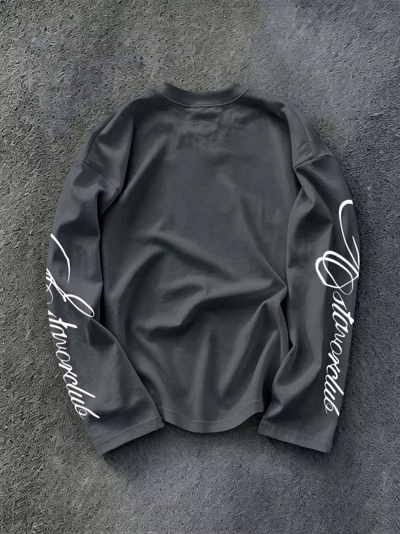 Long sleeve crew neck top with white script lettering on the sleeves