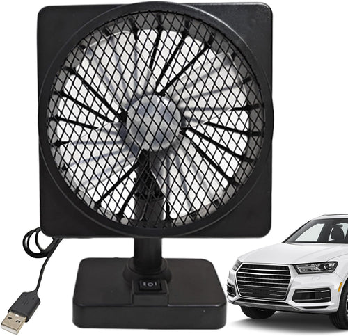 Black 12V USB car air circulator fan with rotating head and base stand