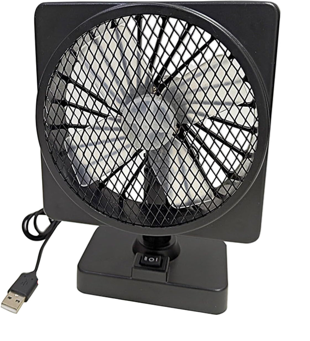 Black 12V USB car air circulator fan with rotating head and base stand