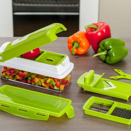 Green 12-in-1 vegetable slicer with cutting inserts and clear collection container