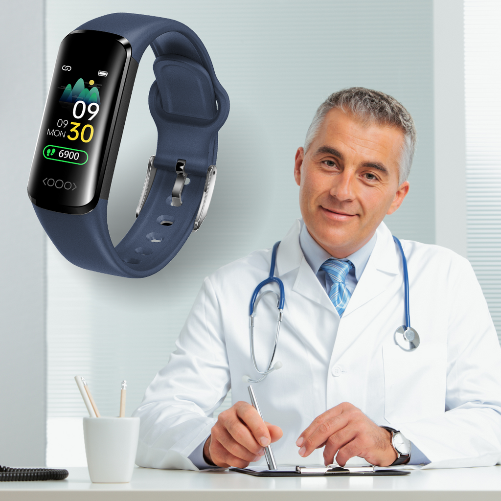 Wrist-worn health monitoring smartwatch with digital display and buckle strap