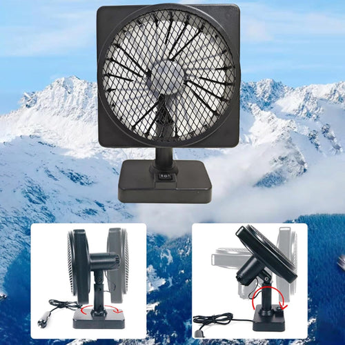 Black 12V USB car air circulator fan with rotating head and base stand