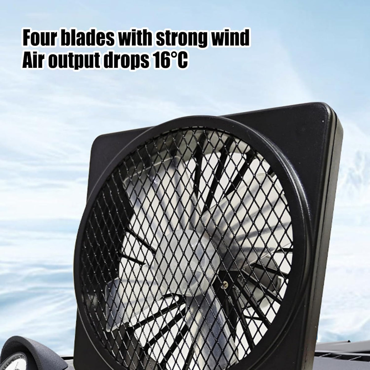 Black 12V USB car air circulator fan with rotating head and base stand