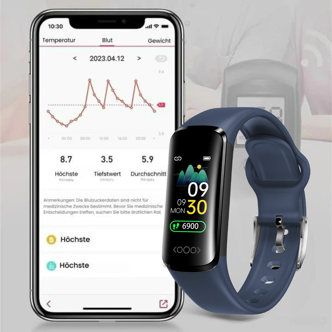 Wrist-worn health monitoring smartwatch with digital display and buckle strap