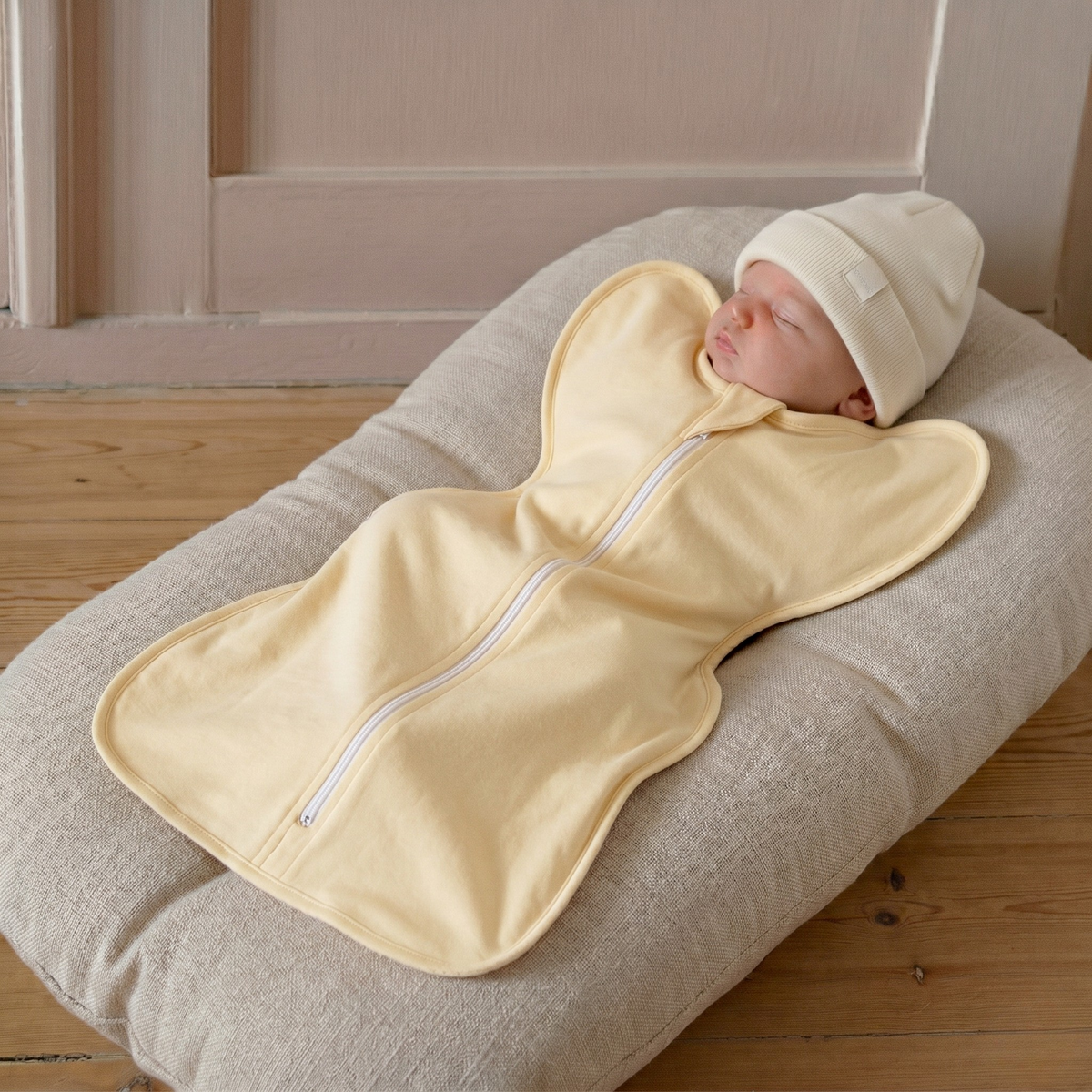 Baby swaddle sleep sack with full-length front zip