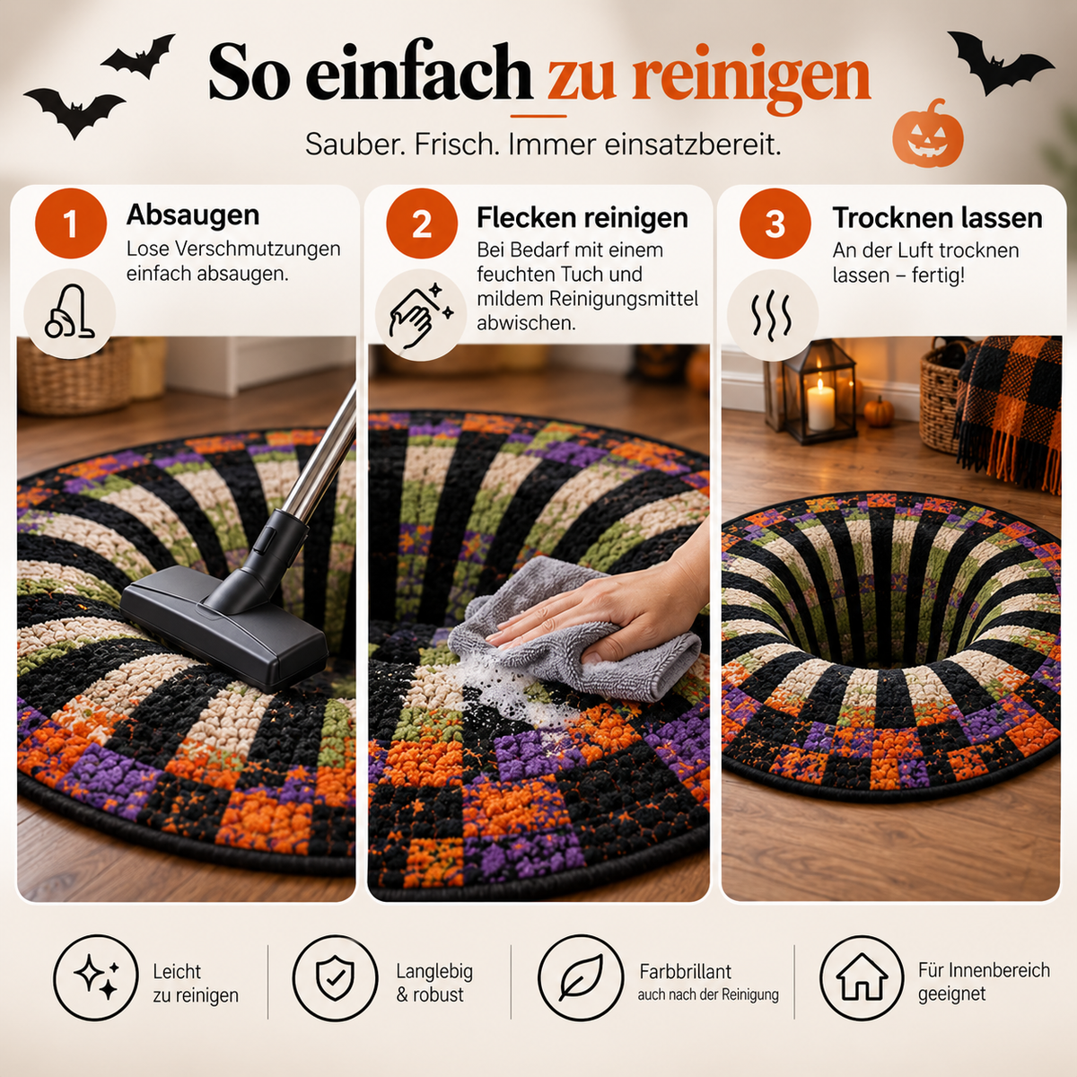 Round Halloween 3D illusion area rug with spooky seasonal designs