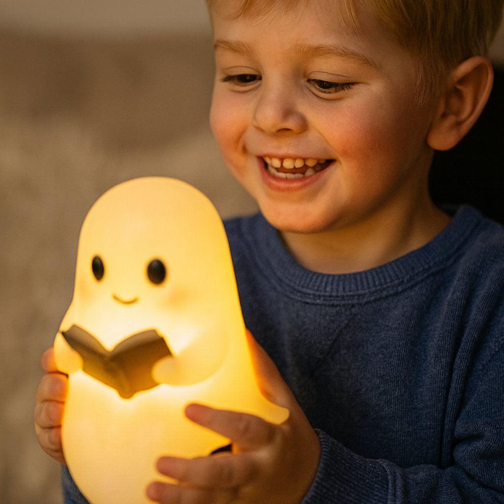 Warm glowing ghost-shaped night light holding an open book