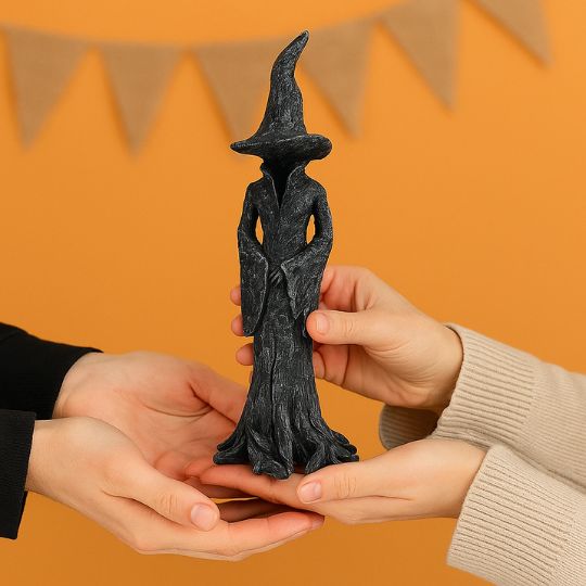 Black Halloween witch figurine with pointed hat and flowing sculpted robe