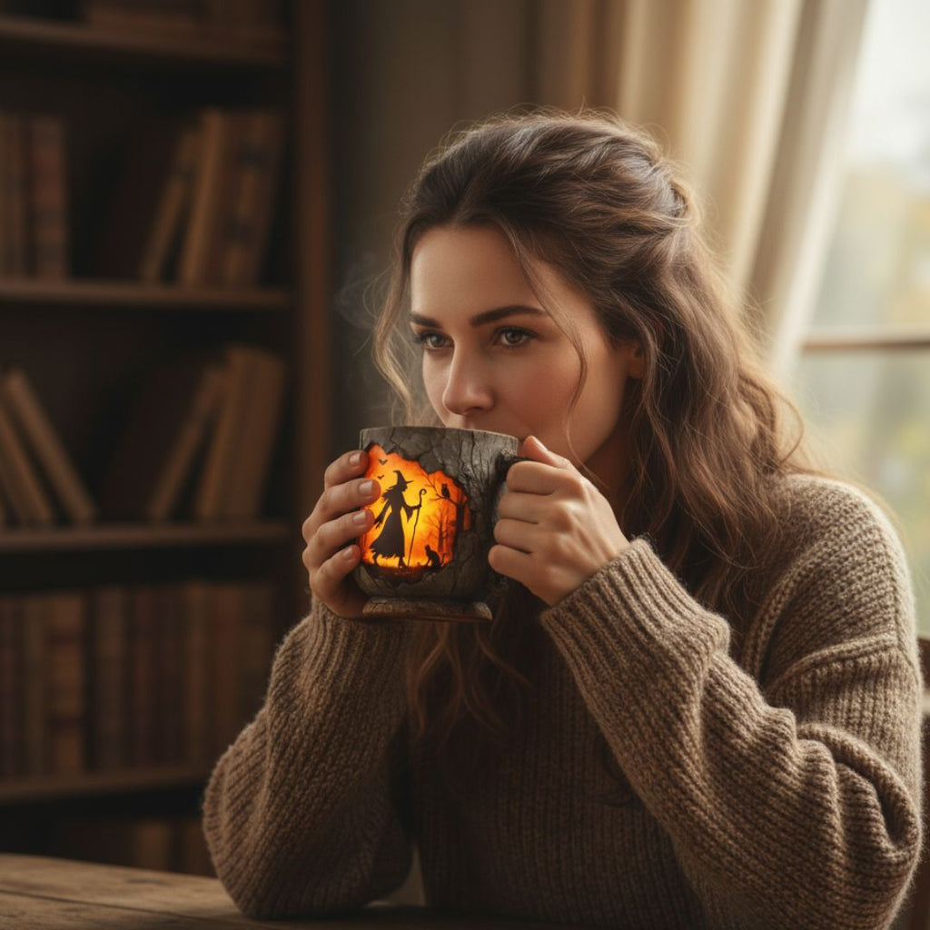 Halloween mug with textured bark-effect finish and witch scene
