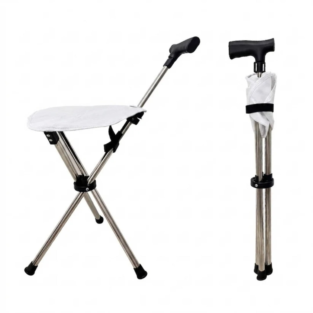 Folding walking cane with built-in seat and rubber feet