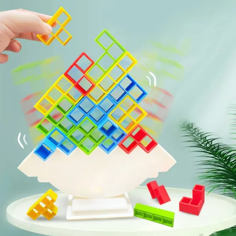 Colourful Tetris-style blocks arranged on a white balancing stand