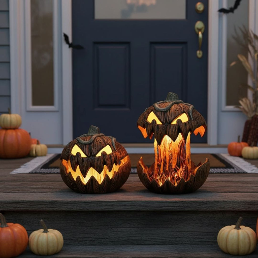 Brown carved Halloween pumpkin lantern with a glowing flame design