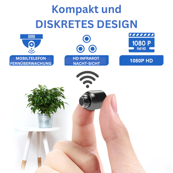 Compact black Full HD WiFi indoor security camera with lens