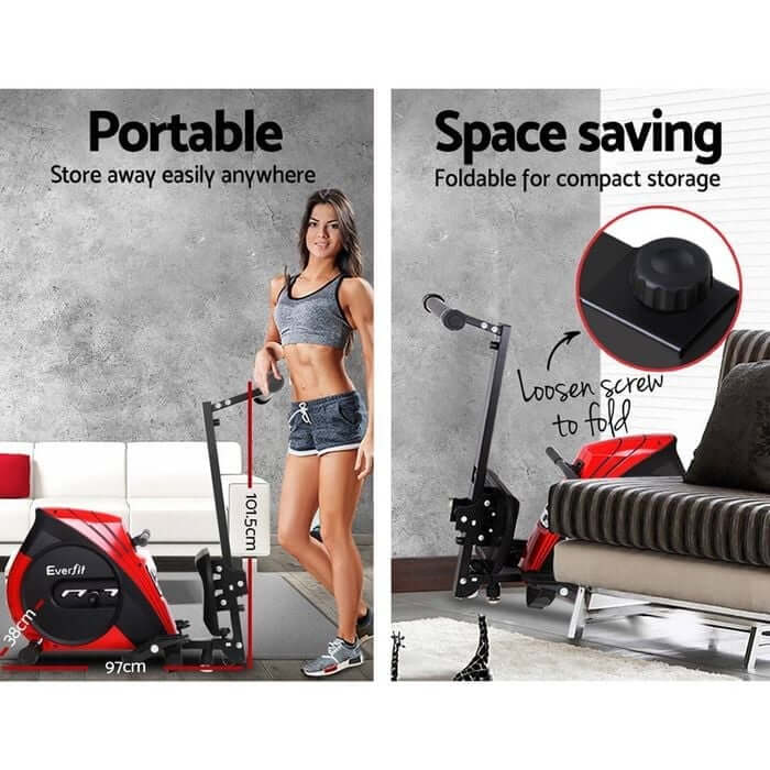 Red and black home rowing machine with padded seat and elastic resistance housing